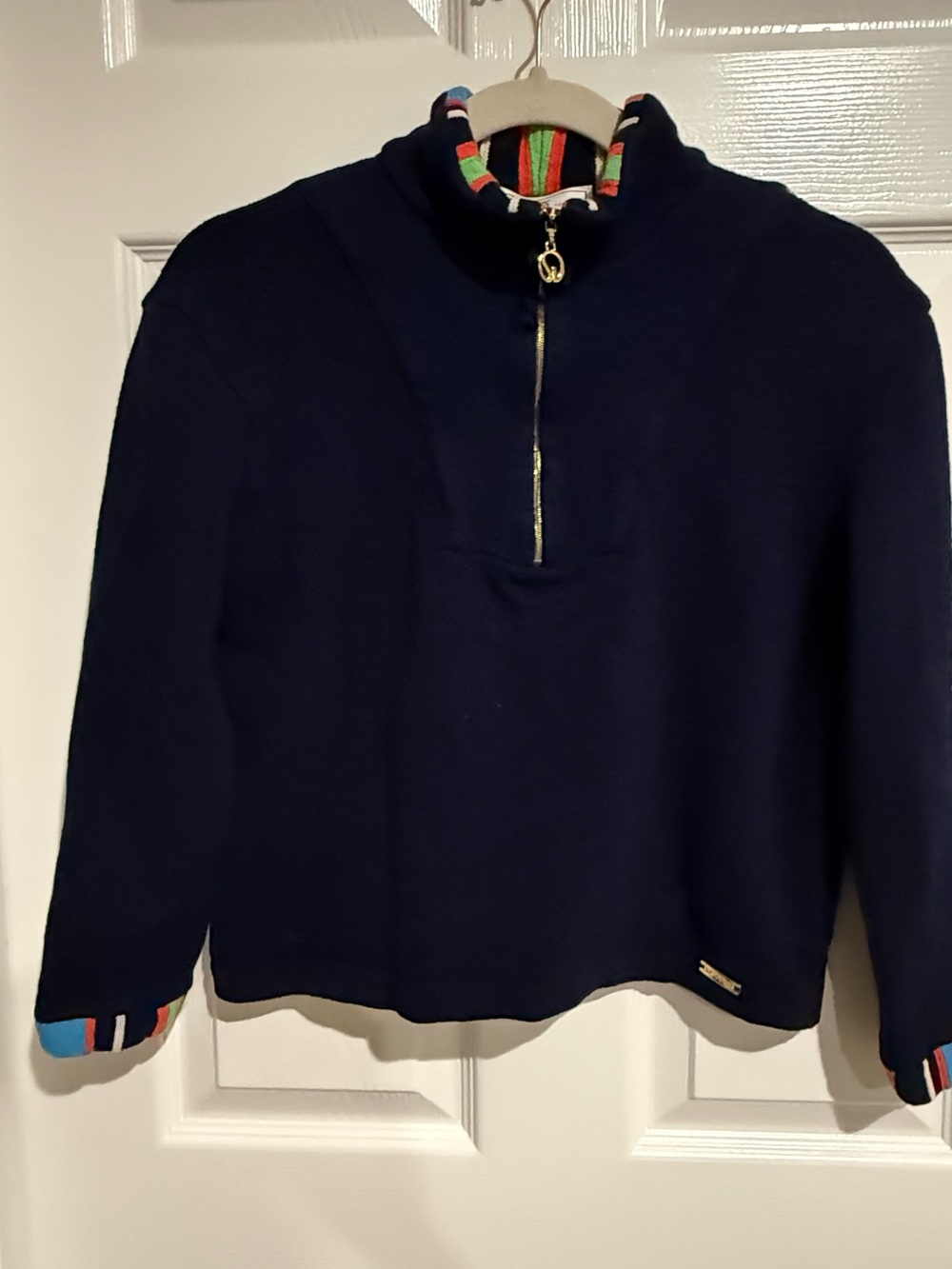 Vintage St. John Navy Quarter-ZipSweater with Multicolor Trim